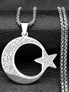 Muslim Star Crescent Moon Arabic Quran Stainless Steel Necklaces Men Spiritual Faith Necklace Islamic Talisman Necklaces Pendants