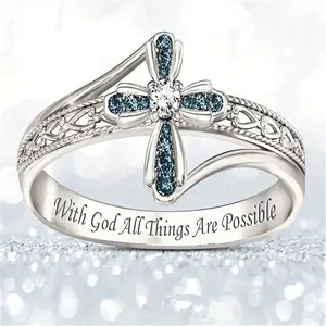 1 Pc Unisex Elegant Glittering Blue Zircon Cross Flower Artificial Gemstone Ring, Multi-Size Fashion Accessory, Costume Jewelry, Mother's Day Gift, Mother's Day Gifts