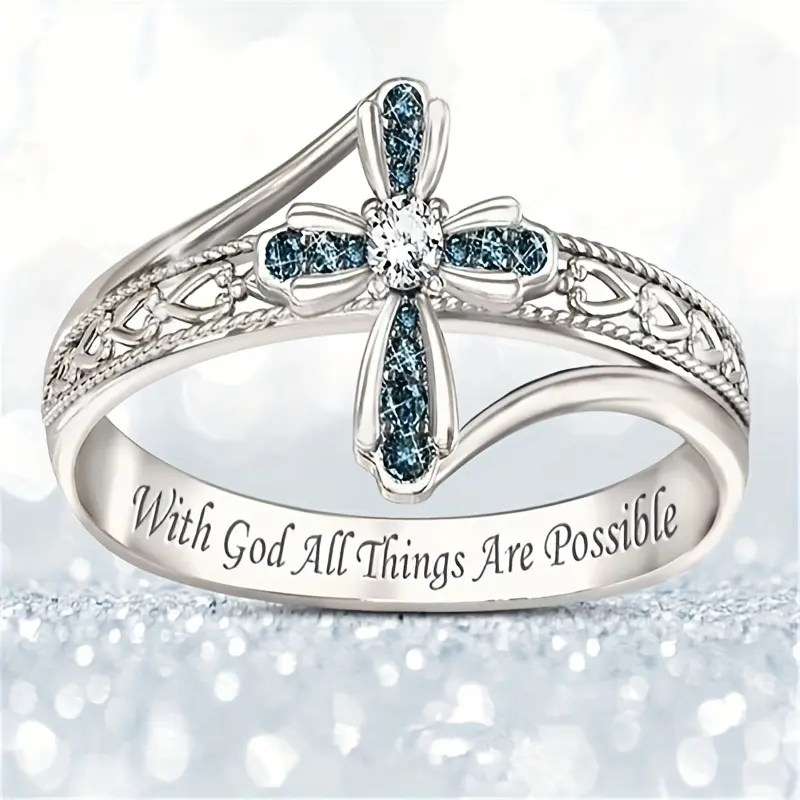 1 Pc Unisex Elegant Glittering Blue Zircon Cross Flower Artificial Gemstone Ring - Multi-Size Fashion Costume Jewelry, Accessories for Women, Cross Symbol, Blue Stone, Colored Gemstone Rings, Mother's Day Gift