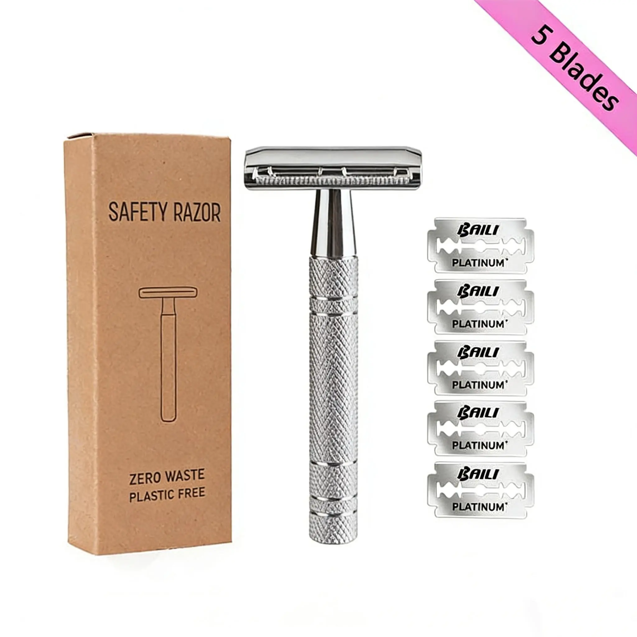 BAILI Manual Safety Razor - Manual Shaver, Shaving Tool, Reusable Metal Single Blade with 5 Stainless Steel Blades, Eco-Friendly Design for Men's Smooth Close Shave