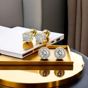 3Pairs Stud Earrings for Men,White Gold Plated Round Square Hypoallergenic Studs Earrings Set for Women