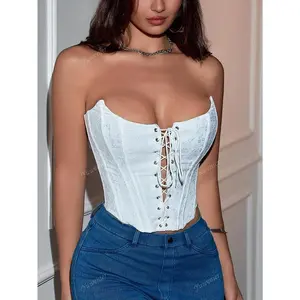 Y2K Irregular-Structure Boned Floral Embroidered Grommet Eyelet Tie-Front Overbust Backless Corset Shapewear Cropped Tube Top Fabric Fit Women’s Chic Burgundy