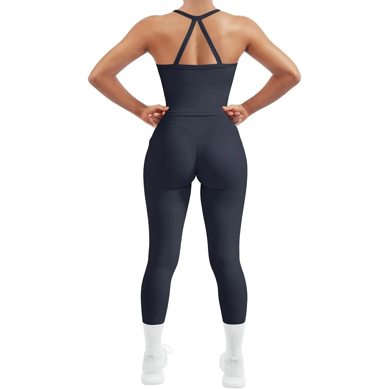 SUUKSESS Women 2 Piece Workout Sets Compression Tummy Control Leggings with Pockets Halter Built in Bra Tank Tops