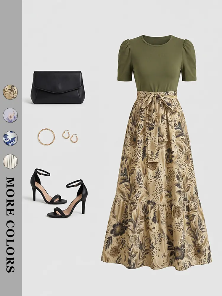 Puff Short Sleeve Round Neck Belted Floral Print Patchwork Maxi Dress Women Casual Ruffle Hem Long Dress