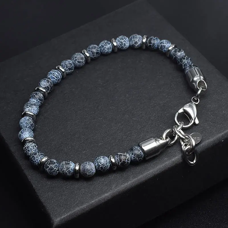 New Matte Map Stone Bracelet  Metal Wrist Chain Jewelry Yellow Tiger Eye Volcanic Stone Beaded Bracelet Men Personality Jewelry