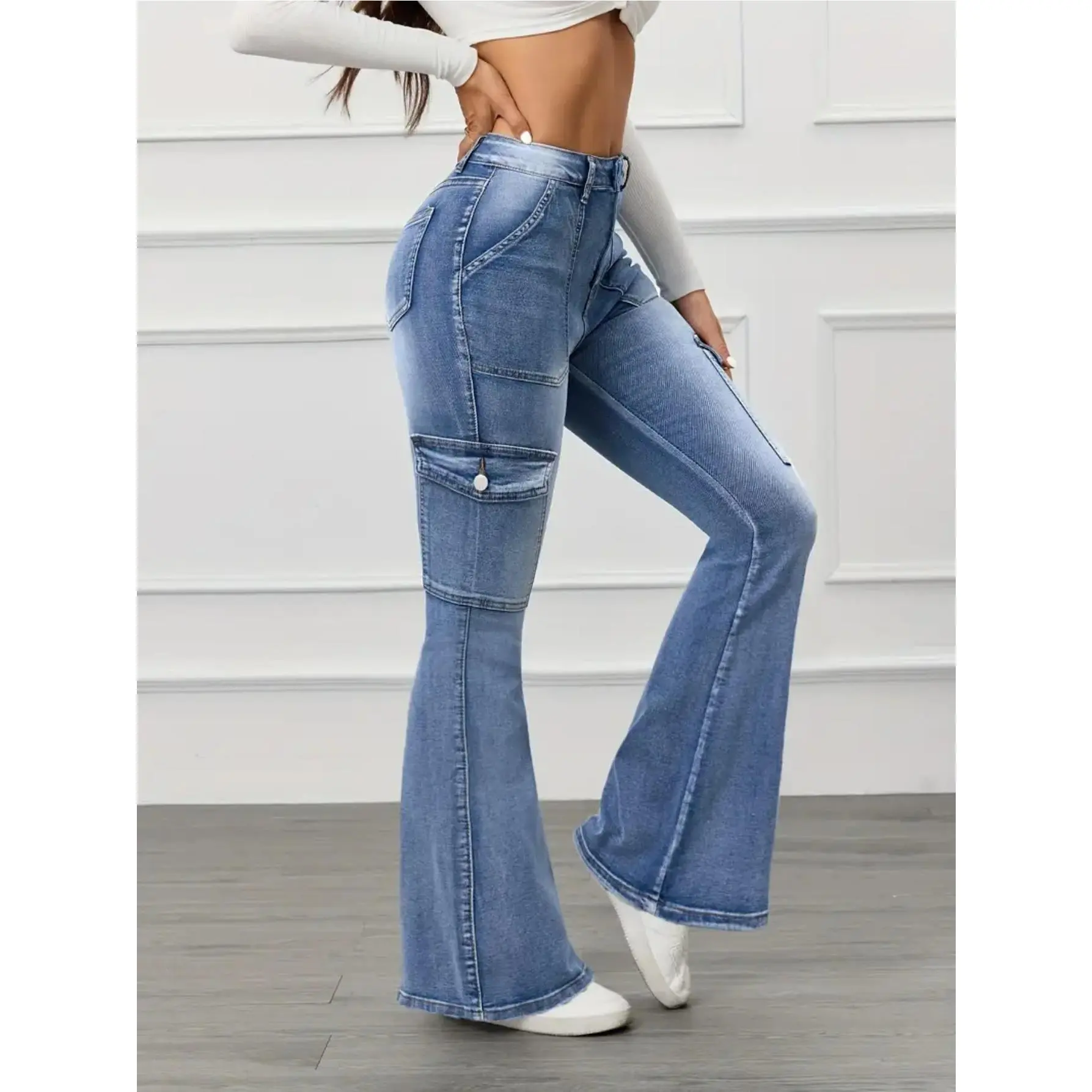 Women's Light Blue Woven Cotton-Viscose Elastic Waist Multi-Pocket Flared Jeans - Elegant Street Chic Women's Bottoms Streetwear, Expandable