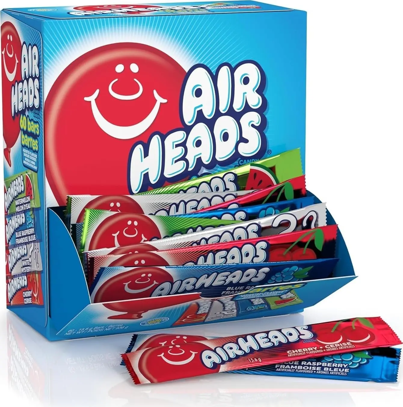 Airheads Full-Size Candy Bars, Assorted Taffy Variety Pack, 60 Count Box | Individually Wrapped Bulk Candy, Assorted Fruit Flavors, Artificially Flavored