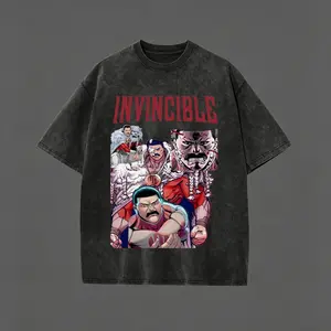 This vintage black oversized tee is a must-have for every Invincible fan, featuring Omni-Man in iconic poses paired with bold red “INVINCIBLE” lettering.