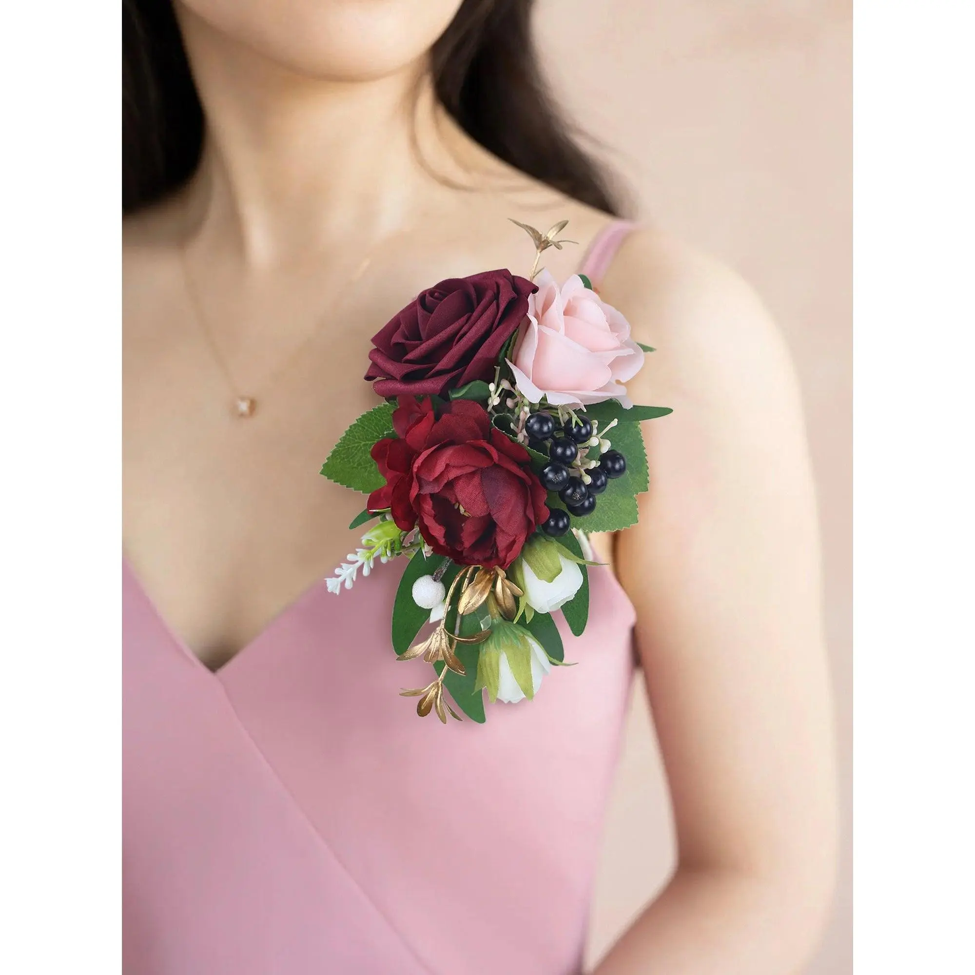 Rinlong Elegant Silk Shoulder Corsage Decor - 1-Piece Burgundy Rose with Greenery, Floral Foam, 7x4.3 in Accessory, Mothers' Gift for Wedding Ceremony, Evening Events