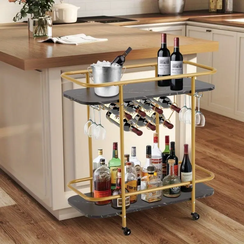 Bar Cart with Wine Rack & Glass Holder, Serving Cart with Wheels for Kitchen, Dining Room & Home Bar