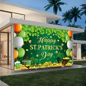 Happy St. Patrick's Day Backdrop Banner, Green Shamrock Pot of Gold Irish Party Decorations, Durable Polyester Fabric Photo Booth Prop, Reusable Easy to Clean, Perfect for Irish Pub Event, School Celebration, Home Decor, Gift for Irish Friends