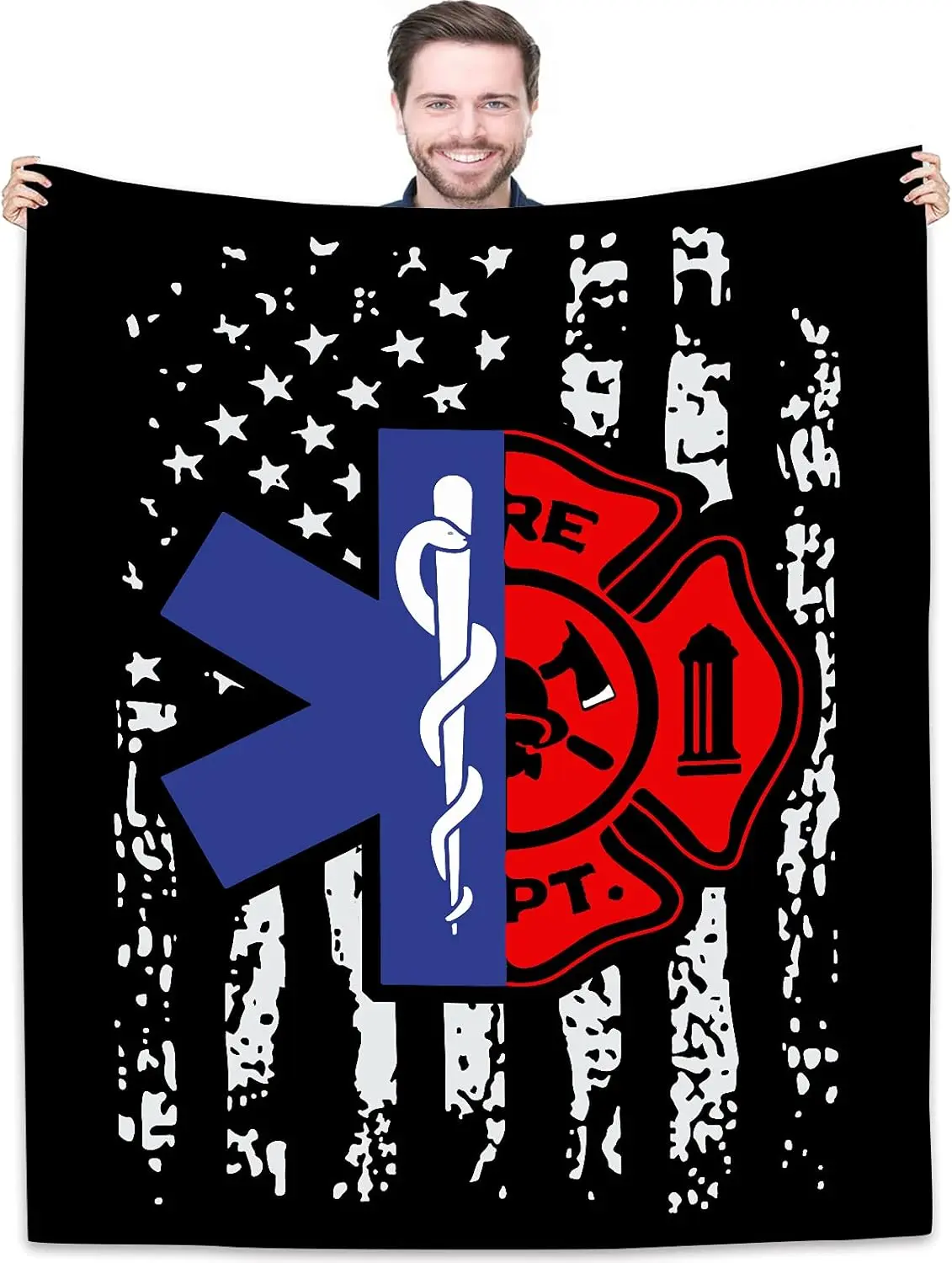 Firefighter EMT Throw Blanket, 60"x50" Wrinkle Resistant Bright Vibrant Bedding - Car Use Gift for Men Colleagues, FD Department First-In-Last-Out Responder EMS Linen