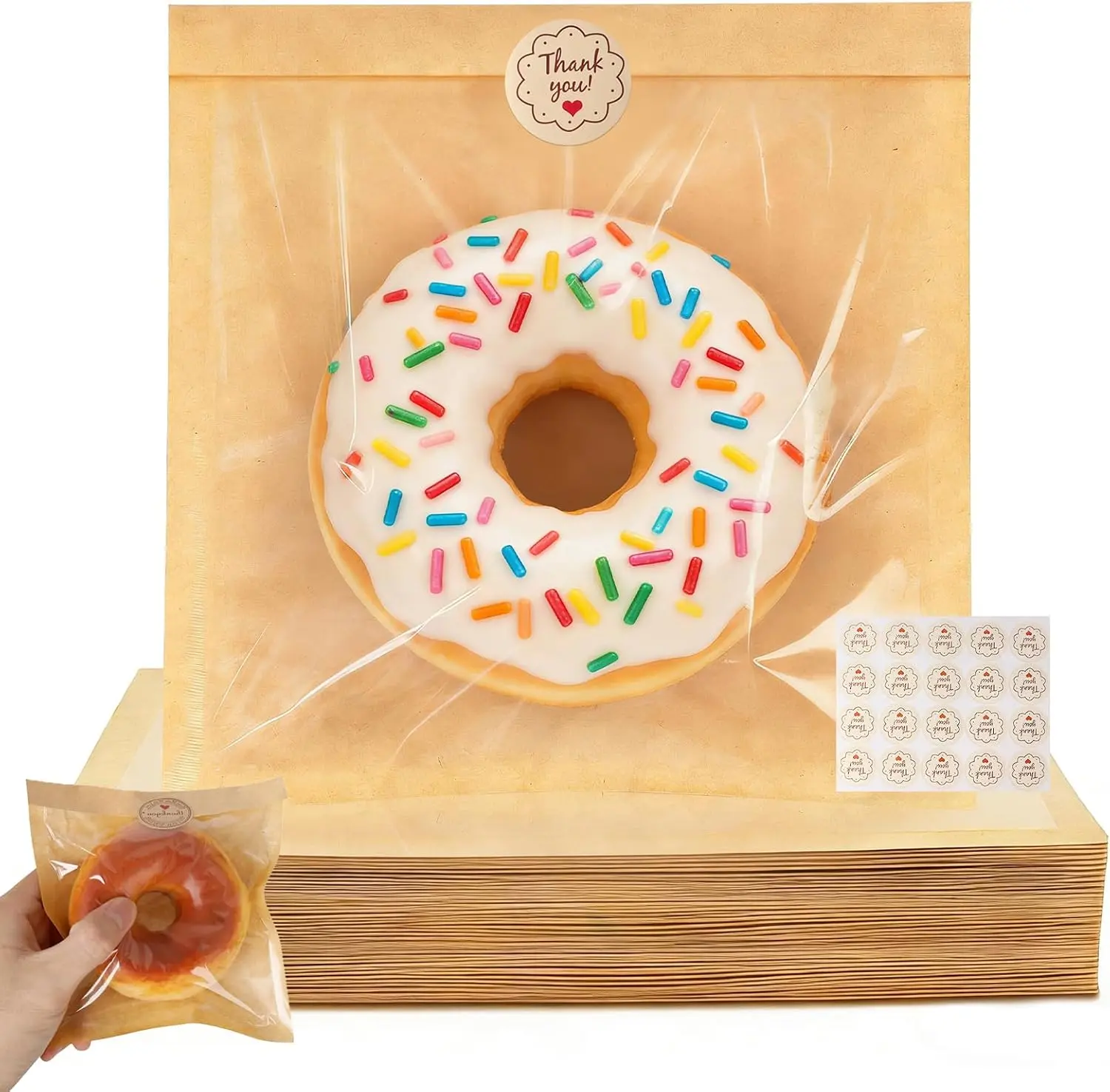 120 Pcs Individual Cookie Bags for Packaging, 5.7x6.5" Small Paper Bakery Bags with Window & Stickers, Heat Sealable Grease Resistant Treat Pouches for Home Bakers, Small Business & Party Favors