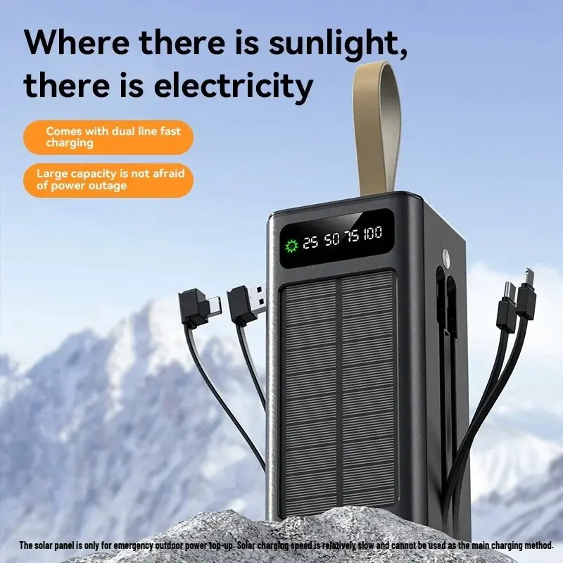 50000mAh Power Bank Portable Charger Solar Power Bank Fast Charging with LED Display and Built-in Camping Light -With Detachable Dual Cables Perfect for iPhone, Android etc. ideal Outdoor Emergency Backup Battery Pack Mobile Power