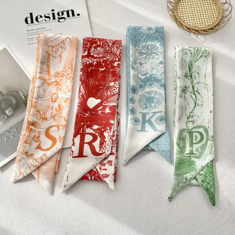Personalized 26 Letter Print Skinny Scarf for Women 1 Pack 2.36W x 37.01L Floral Patterned Hair Tie Neck Kerchief Fashion Handbag Handle Wrap Ribbon Multifunctional Versatile Styling