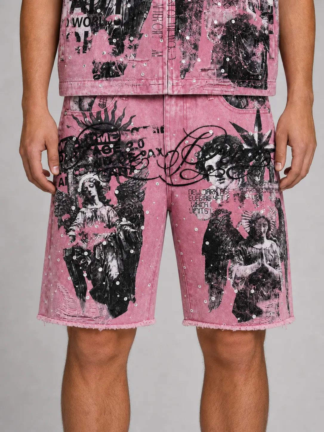 Rare Peace 'It's ok to cry' Digital Print Rhinestone Denim Shorts (Dust Pink) RS6062