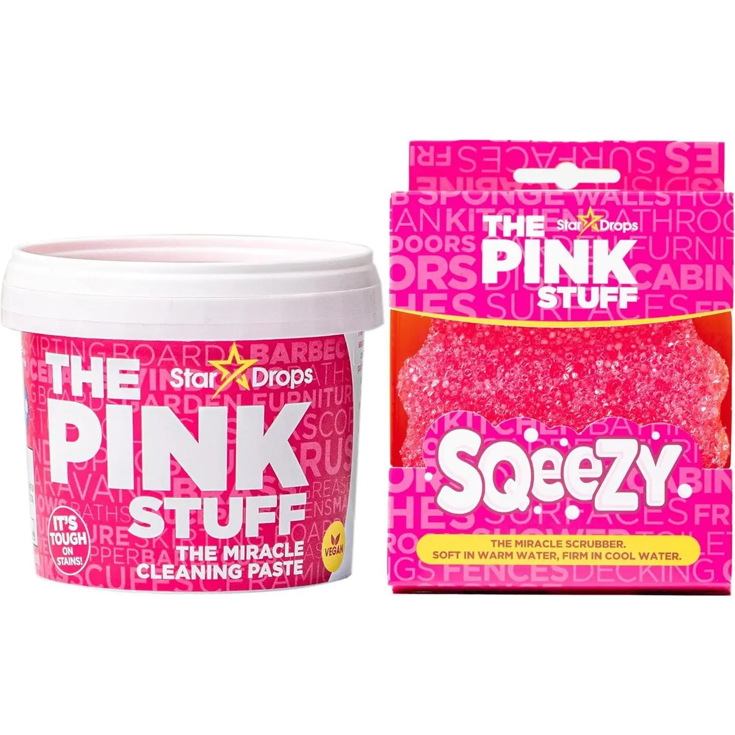 The Pink Stuff Miracle Cleaning Paste & SQeeZY Scrubber Sponge Bundle – All-Purpose, Non-Scratch Cleaner for Kitchens, Bathrooms, Walls, Floors, Pots