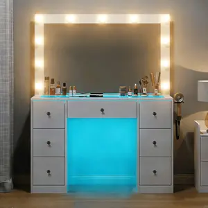 CollaredEagle Modern Makeup Vanity Dresser vanity set chair White LED Lighted Makeup Vanity Table Rotating Mirror Vanity with Storage bedroom furniture makeup table with lights storage drawers white finish