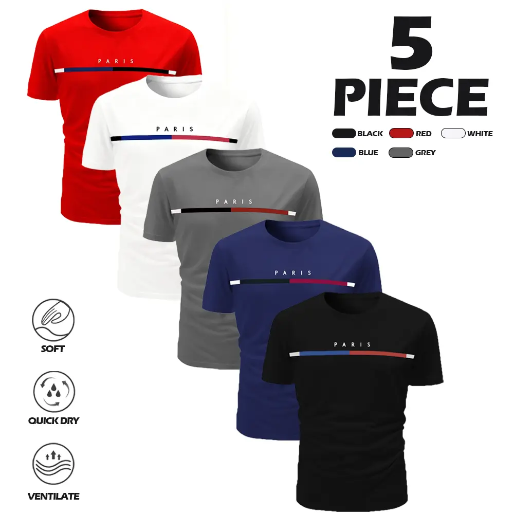 5-Pack Men's Quick-Dry Performance T-Shirts, Breathable Mesh Gym Workout Tees, Paris Athletic Striped Training Tops, Moisture Wicking Sport Bundle