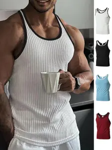 Men's Color-Block Vertical Stripe Ribbed Knit U-Neck Slim Vest, Sleeveless Striped Neckline, Sleeveless Tee for Summer, Inner or Standalone Layer, Today's Clearance Sale, Wardrobe Essential, Menswear