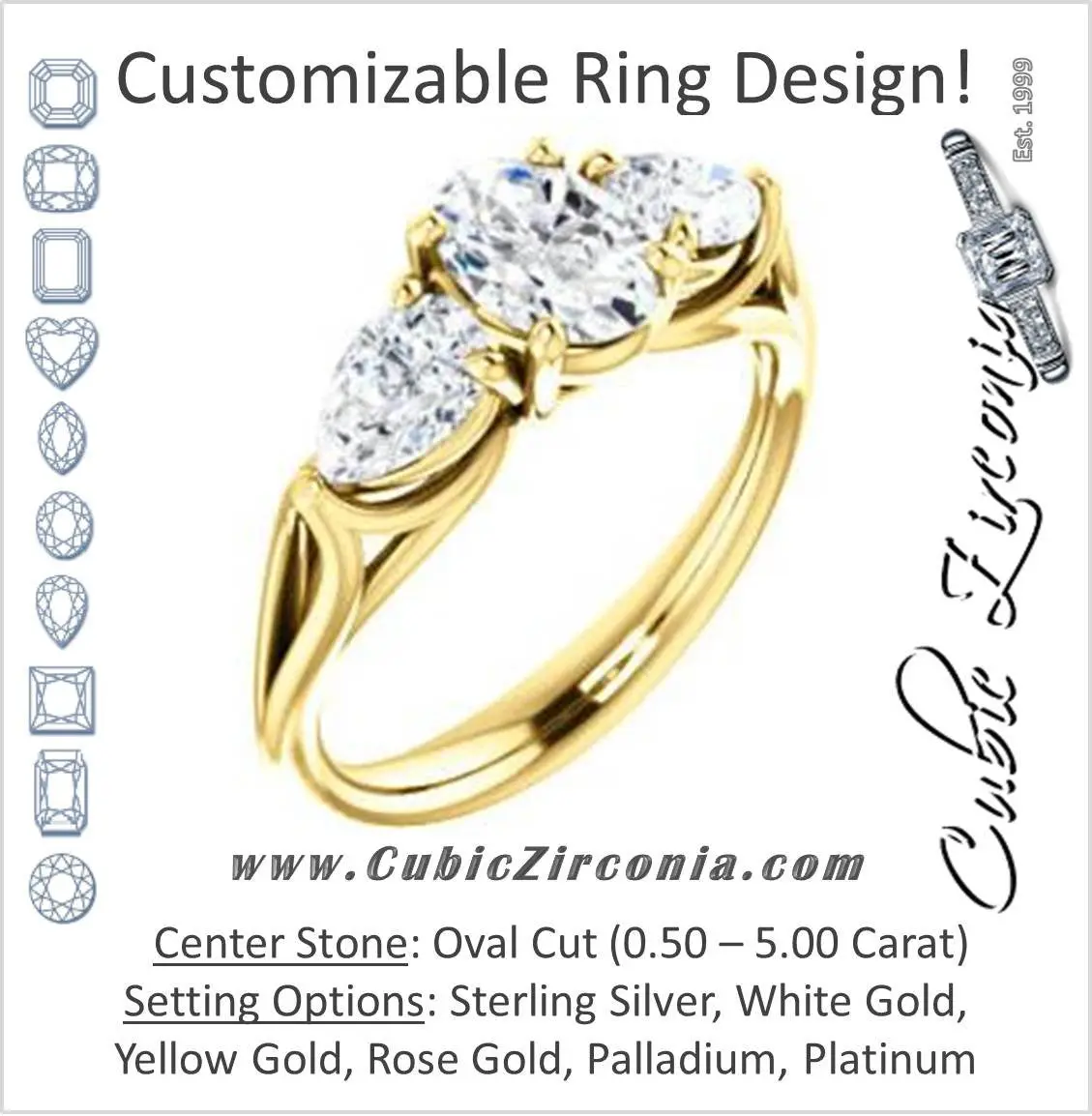 Cubic Zirconia Engagement Ring- The Ila (Customizable 3-stone Design with Oval Cut Center, Pear Accents and Split Band)