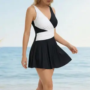 Women's One Piece Swimdress Tummy Control, V Neck Wrap Front Slimming Bathing Suit, Black and White Color Block Flowy Modest Swimwear for Beach Pool Vacation