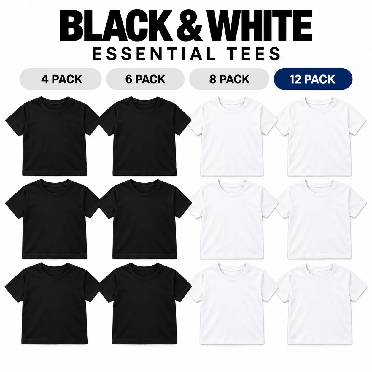 Premium Cotton 12-Pack Crew Neck T-Shirts, 6 Black and 6 White, Unisex Soft Breathable Short Sleeve Basics for Men and Women, Classic Fit Everyday Casual Tops for Travel, Layering, Workwear and Daily Wear