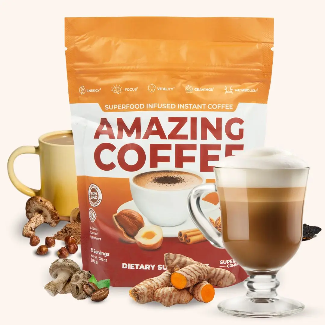 Amazing Coffee | Mushrooms & Superfoods Infused In French Roast Coffee | 30 Servings | Instant Coffee | Multiple Flavors Available | Dark Roast