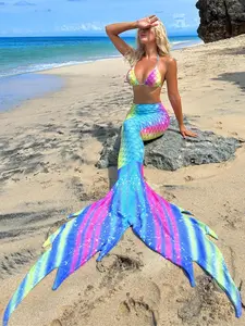 Women's 3pcs Fish Scale Print Mermaid Tail Swimsuit Set, Sexy Sleeveless Triangle Bra & High Cut Panty & Skirt Swimwear Set, Ladies Summer Beach Holiday Vacation Swimsuit, Bikini Sets, Swimsuit Style Bikini