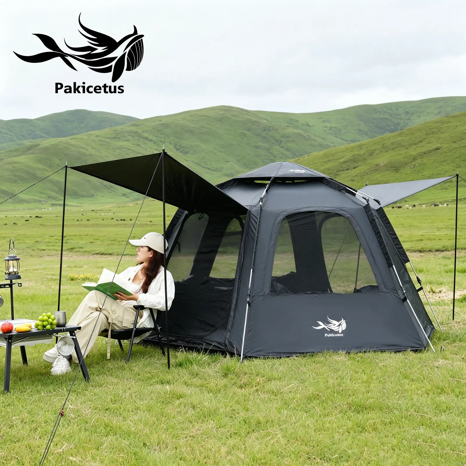 PAKICETUS Large Family Camping Tent - Hiking Gear with 4-Sided Ventilation, Removable Roof Cover, Roomy Space, Weather Resistant Outdoor Camping Shelter, Fits Groups for Summer Adventures
