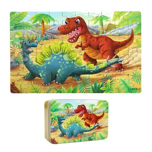 Dinosaur Pattern Wooden Jigsaw Puzzle, 60pcs/set Cartoon Animal Pattern Puzzle with Iron Box, Educational Puzzle Toy for Kids