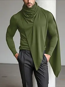 INCERUN Men's Fashion Casual Solid Color Stretchy Knit Long Sleeve Top, Stacked Collar Deconstructed Design T-Shirt, Spring & Fall Daily Wear Knitwear