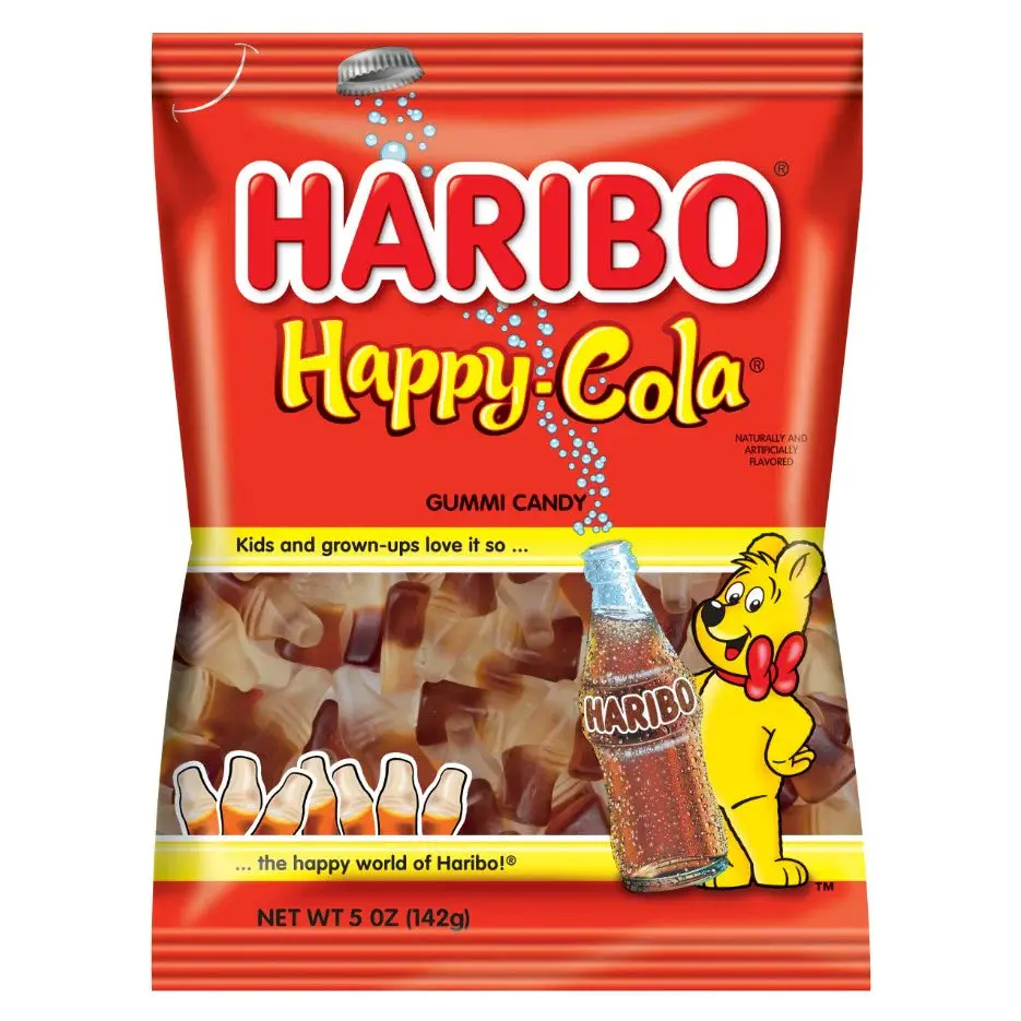 Haribo Happy Cola Gummy Candy Peg Bag 5oz. 12 ct. - Sweet and Soft Gummy Candy with Cola Soda Flavor - 12 Count Box Snack Bonbon