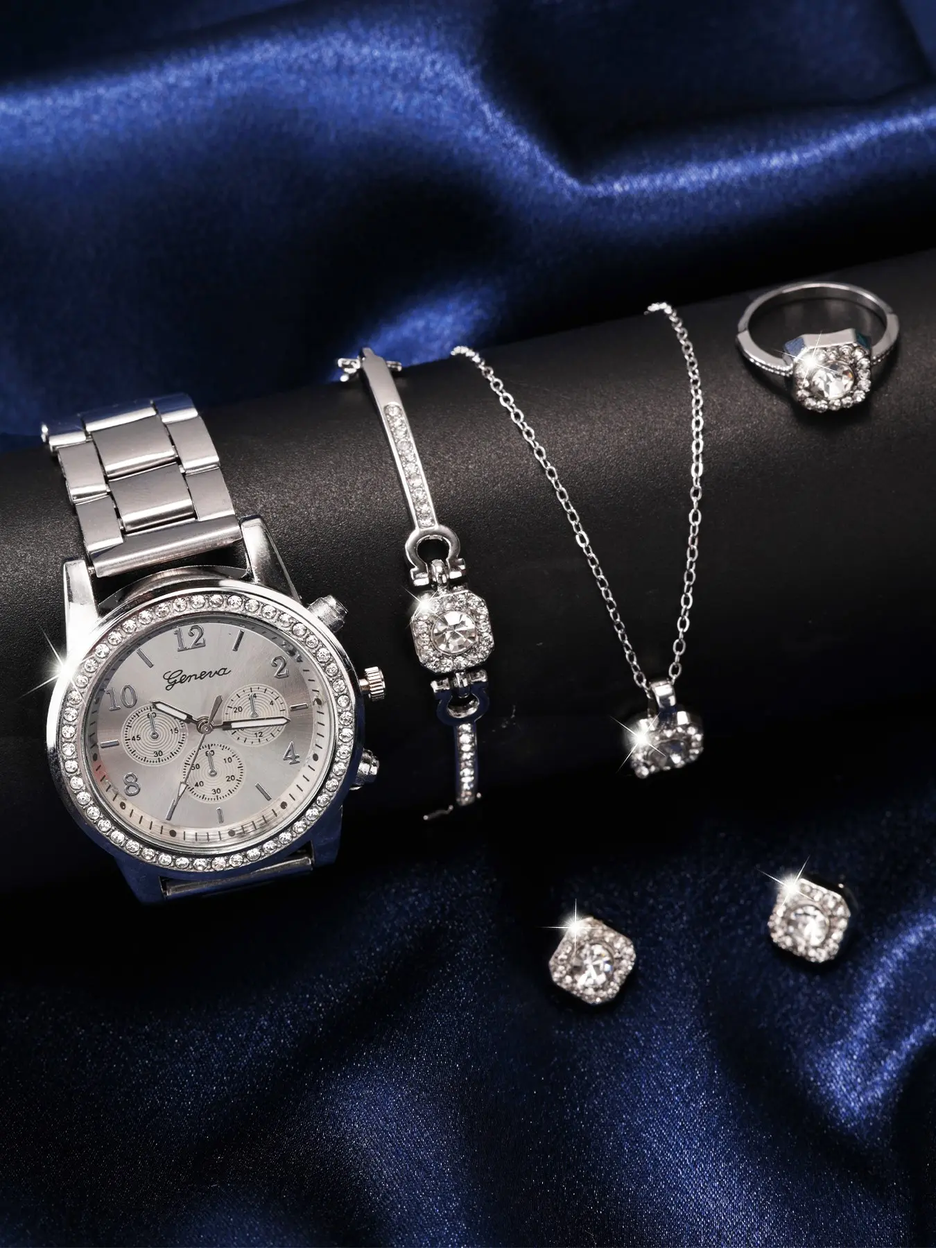 6pcs Watch Jewelry Set, Bling Crystal Geneva Style Chronograph Watch, Cz Necklace Bracelet Ring Earrings for Women