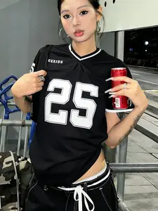 Y2K Style Mesh Short Sleeve Jersey, Colorblock Print, Vintage American Sports V-Neck Top, Breathable Quick-Dry Fabric, Streetwear Essential