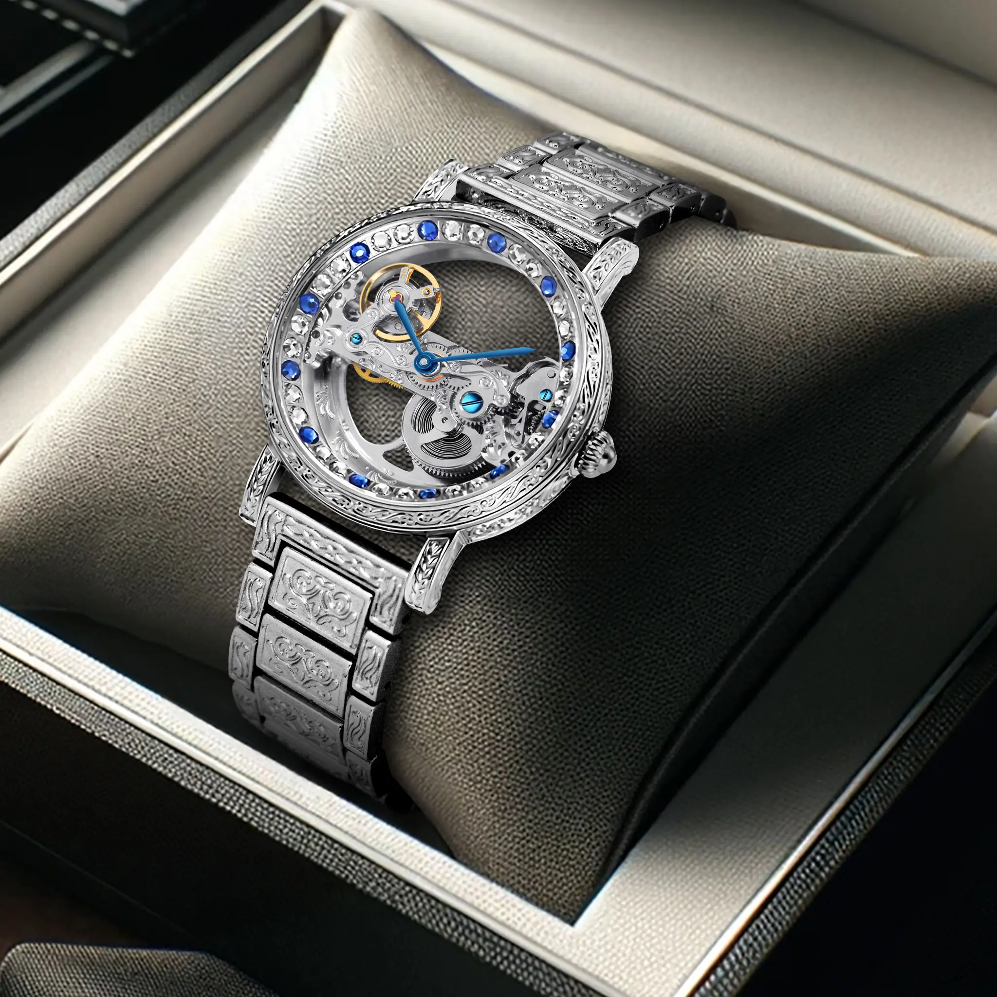 Men's Retro Style Round Analog Automatic Mechanical Watch - Luxury Waterproof Engraved Stainless Steel Case Automatic Watches for Men, Mechanical Watches