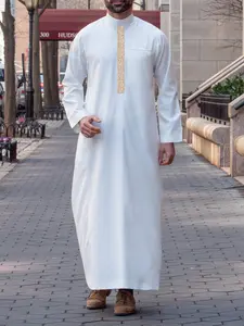 Muslim men's thobes long-sleeved stand-up collar embroidered loose Saudi Arabian men's traditional clothing suitable for daily outings festival parties Ramadan gifts Islamic men's clothing Modesty Thobe