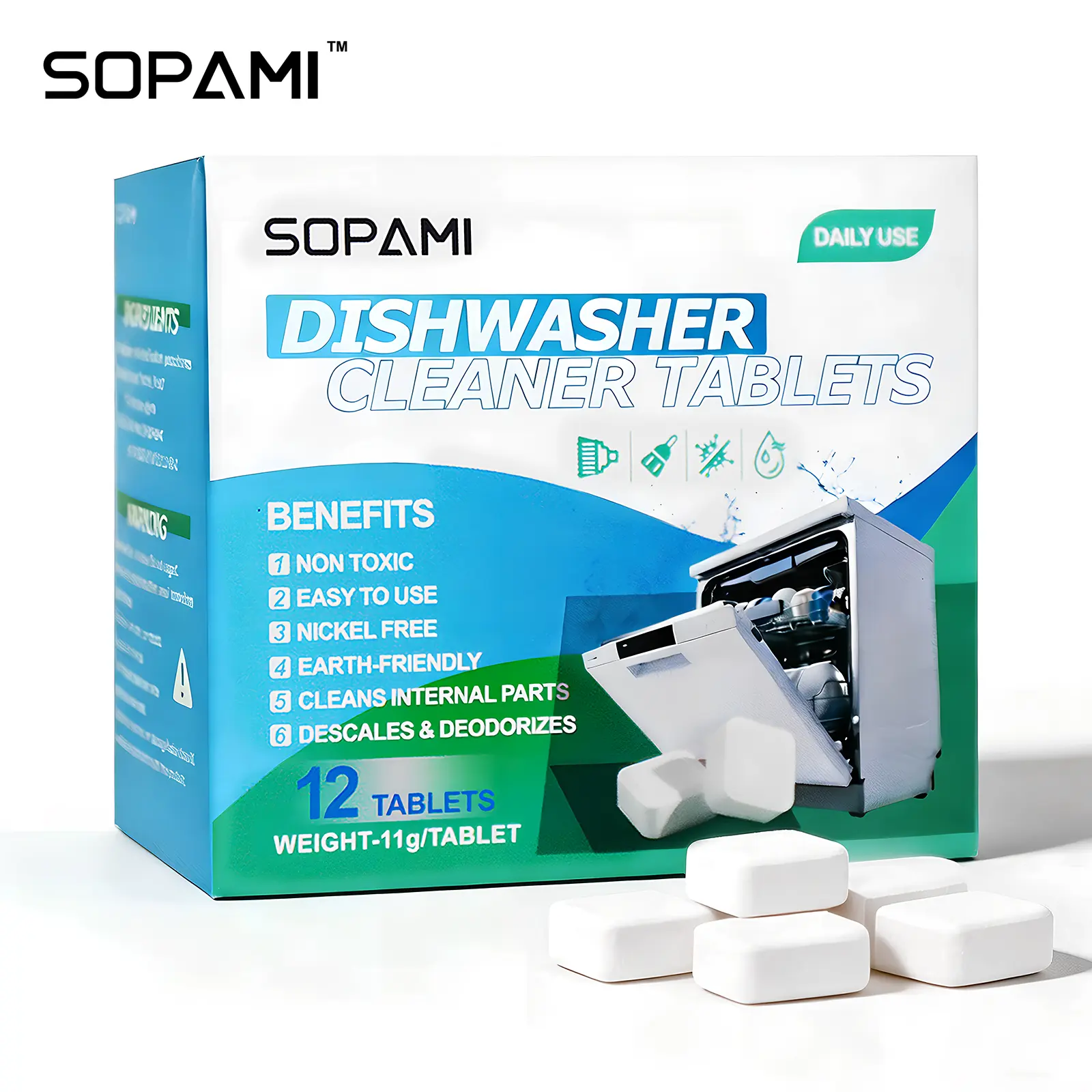 SOPAMI Dishwasher Cleaner Tablets | 12 tablets total, 11g per tablet, safe formula with no nickel added, cleans dishwasher interiors, removes limescale and unpleasant smells, simple for daily use