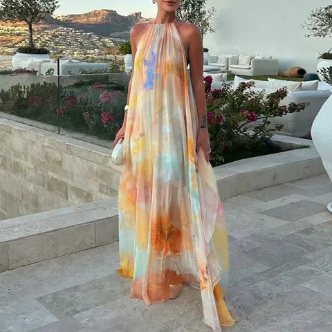 CHICME Women's Elegant Sleeveless Polyester Tie Dye Chiffon Maxi Dress - Halter Neck, Backless, Flowy A-Line, Sunset Gradient Print, Casual Vacation Summer Beach Dresses for Women