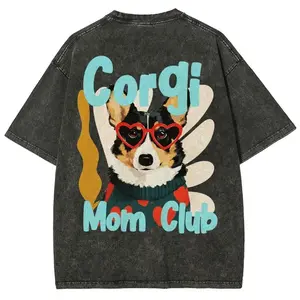 Corgi Mom Club T-shirt, Unisex Casual Cotton Comfort Shirt, Vintage CrewNeck Acid Washed Oversized Drop Shoulder Heavyweight T-shirt, Baggy Workout Tops Short Sleeve Shirt