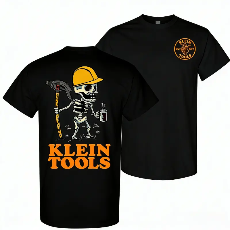 Printed 100% Cotton Unisex Klein Tools Short-Sleeve Cotton Classic Soft Menswear T-Shirt - Skeleton in Hard Hat Holding Coffee & Hammer, Casual Wear, All Sizes, Full Color, Gift For Him-Her, Shortsleeve, Fabric