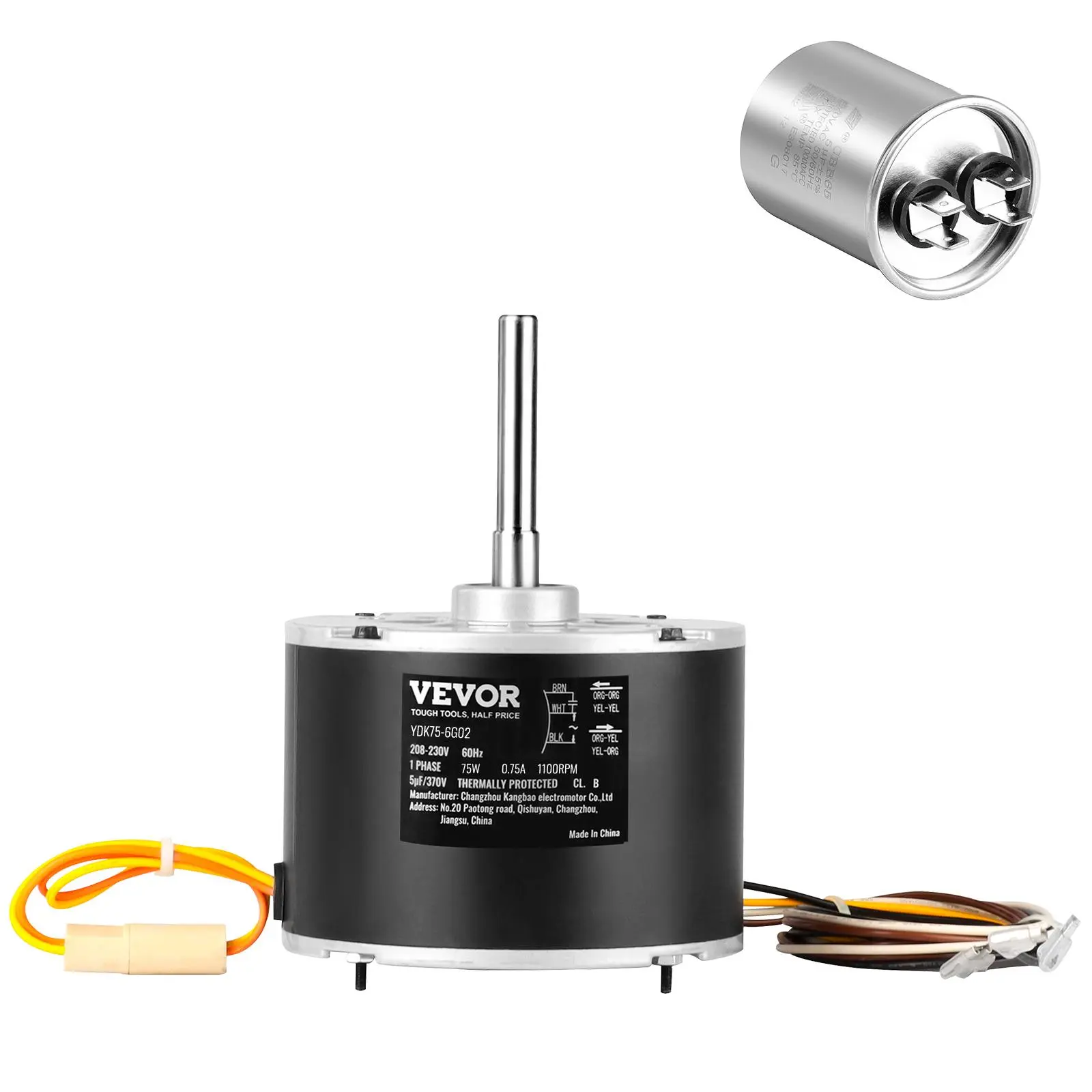 【summerfinds】VEVOR Condenser Fan Motor 5KCP39BGS069S, 5KCP39BGY915S, 1/10 HP 208-230V, 1100RPM, OEM Standard Upgraded Replacement Condenser Motor Reversible Rotating, Explosion-proof CBB65 5μF/370V Capacitor
