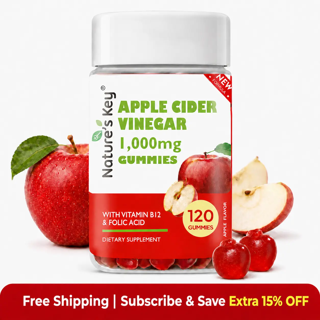 [back to school] Nature's Key Chewable Apple Cider Vinegar Gummies, 120 Vegan Gummies with Vitamin B6, B12, Folic Acid, Beetroot, Pomegranate, Fiber, Gluten-Free, Metabolism & Daily Wellness Support, Easy-to-Take ACV Gummies