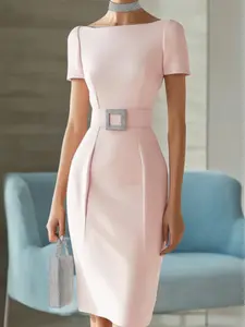 Elegant Women's Plain Color Solid Bodycon Dress with Belt, Fitted Slimming Boat Neck Party Wear Formal, Minimalist Fashionable & Versatile Daily