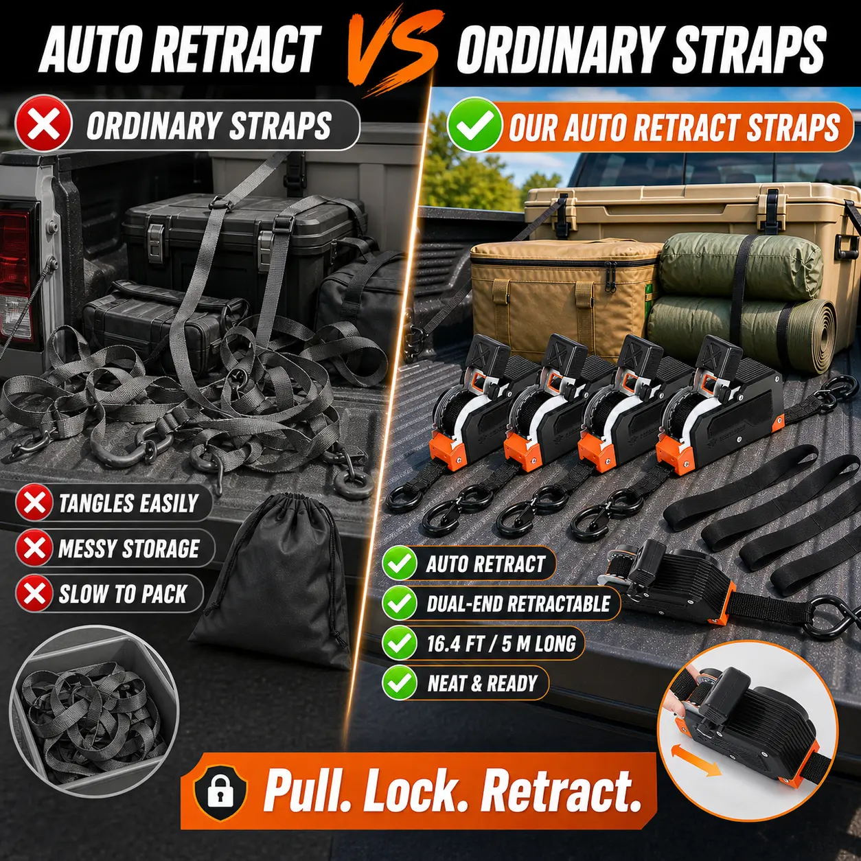 Auto retract tie down strap versus conventional straps