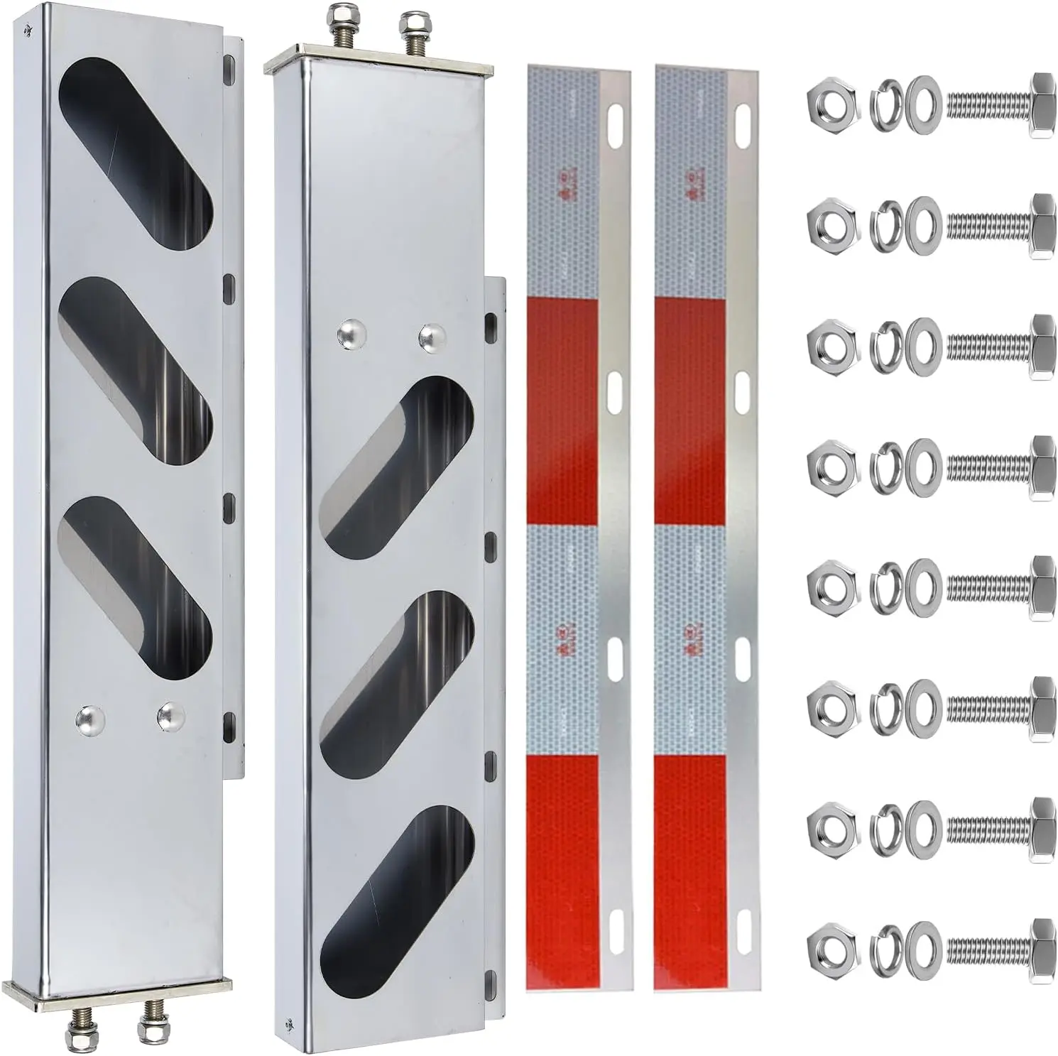 Stainless Steel Mud Flap Hanger Set with Oval Light Cutouts 2-1/2" Bolt Spacing 30" Length Rear Bar for Semi Trucks, 2.5" Bolt Spring Loaded with Aluminum Reflective Tapes