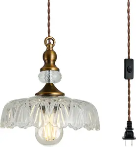Plug in Glass Pendant Light Fixture Brass Vintage Adjustable Chandelier Brushed Gold Hanging Ceiling Light for Farmhouse Hallway Bedroom Foyer Kitcken Dining Room Island