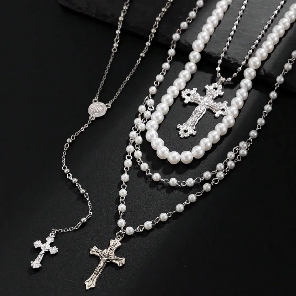 Women's 4-Piece Layered Cross Necklace Set, Chunky Pendant Cross Accent Jewelry Stack with Pearl Choker & Adjustable Y Necklace, Vintage Statement Gift for Women, Layered Necklaces