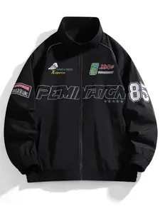 Men's Letter & Figure Embroidered Zip Up Jacket, Regular Fit Casual Pocket Funnel Neck Outerwear for Spring & Fall, Fashion Men's Clothes for Daily Wear, Casual Zipper Coat