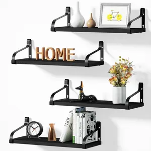 Black Floating Shelves for Wall Set of 4, 15.7 Inch Wood Wall Shelves with Bracket, Rustic Hanging Shelves for Bathroom, Bedroom, Kitchen,Living Room, Office Display